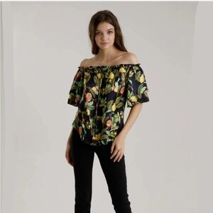 Hale Bob Black Floral Off-Shoulder Blouse